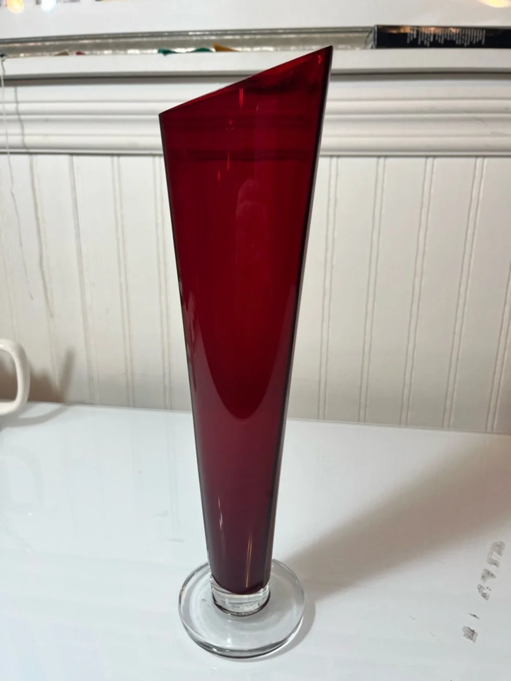 Vintage Ruby Red Art Glass Vase Triangular Asymmetrical MCM Clear Pedestal 13